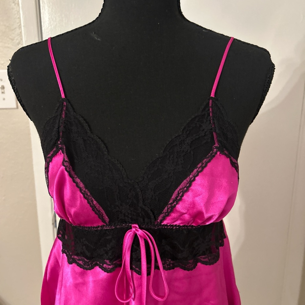 Victoria's Secret Fuchsia Satin Chemise with Black Lace Trim - Picture 2 of 4